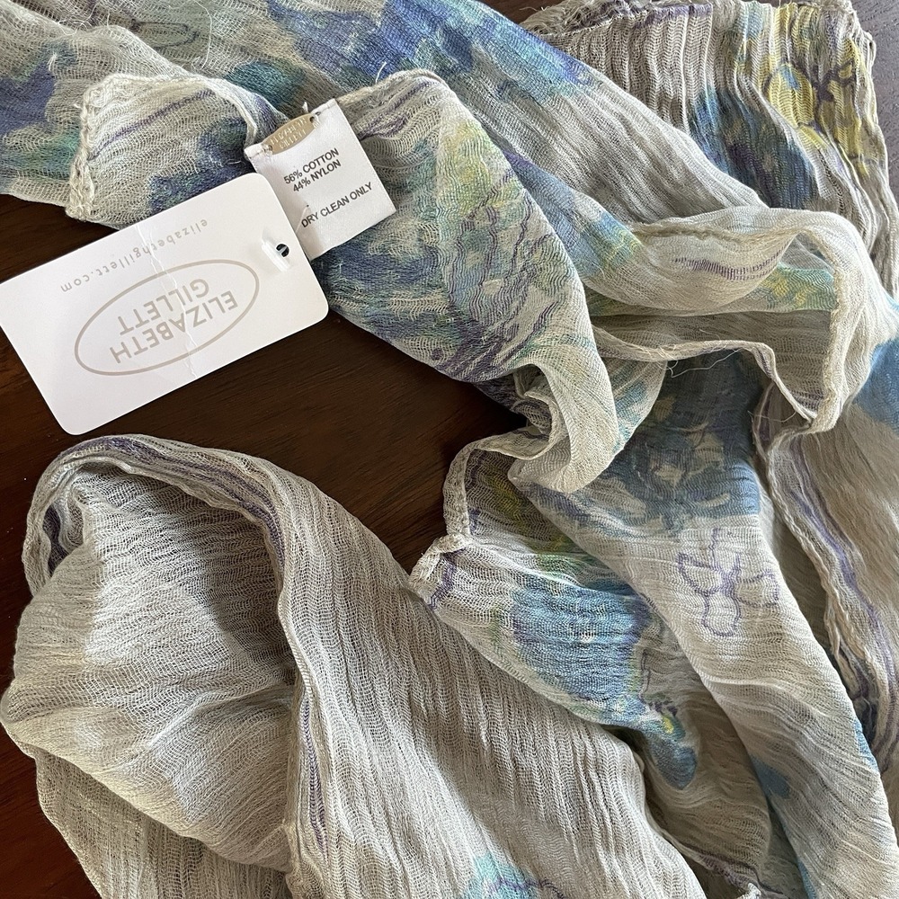 Elizabeth Gillett Anthropologie Sheer Gauze Crinkle Scarf 16x66 Floral Artsy NWT